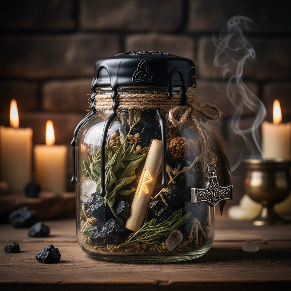Male Protection Jar Charm with black tourmaline, sage, and protective herbs